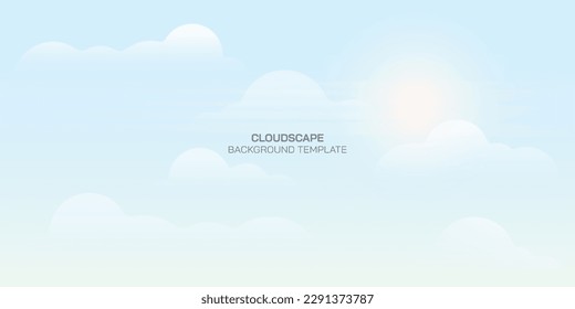 Cielo azul con nubes y luz solar. Fondo de diseño plano con sol brillante y nubes esponjosas blancas. Clima de nubes en temporada de verano. Dibujo vectorial de la escena del cielo de los días soleados.