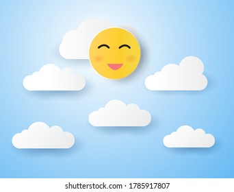Blue sky with clouds and sunrise,vector illustration paper art style.