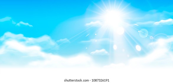 Blue sky with clouds and sunshine in 3d illustration