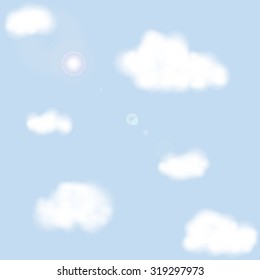 Blue sky with clouds. Vector background.  Seamless texture. Vector illustration. Clouds with sunny specks. 