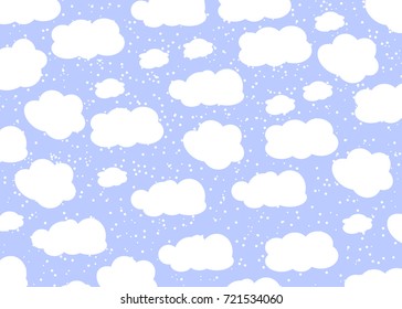 Blue sky with clouds. Vector illustration. Baby background. Snow pattern.