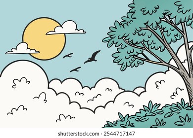 Blue sky with clouds. White fluffy clouds. Sunny day sky scene cartoon vector illustration. Heavens with bright weather, summer season outdoor