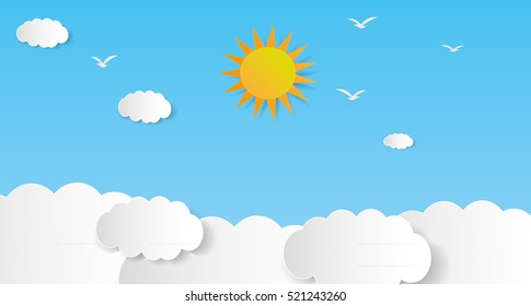 Blue sky with clouds.paper art style.