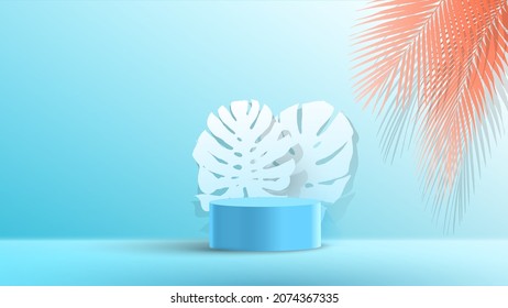 Blue sky color geometric 3d podium with leaves shadow. Vector illustration.