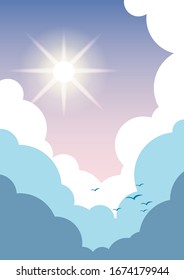 blue sky with cumulus clouds and a flock of birds