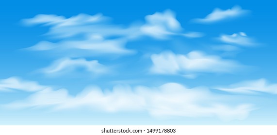 Blue sky with cumulus clouds. Open air overcast view background, beautiful cloud set image, soft nubes light scenic pattern vector illustration