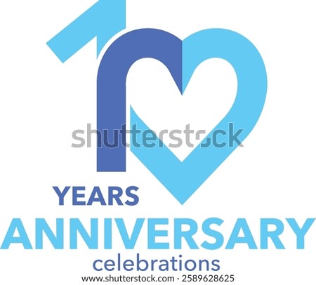Blue sky and dark blue color with heart shape number 10 with word years anniversary celebrations.
