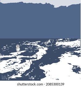 Blue sky, dark water, ice, snow. The toy floats on an ice floe
