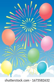 Blue sky with fireworks and balloons. Background illustration of a cloud and confetti