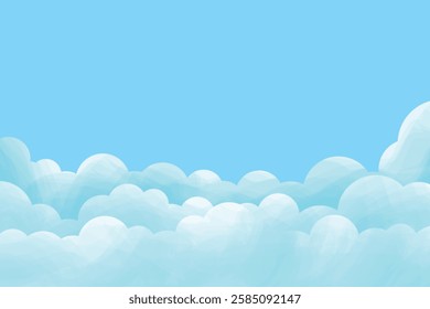 Blue sky with fluffy cartoon clouds, soft cloudscape background, vector illustration.