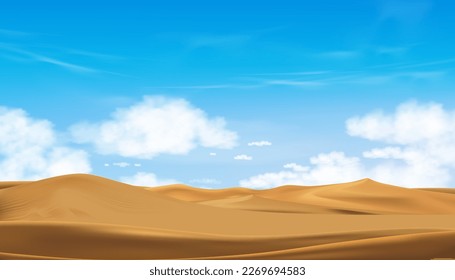 Blue sky with fluffy cloud and Desert landscape with Sand Dunes in hot Sunny day Summer,Vector Panorama Beautiful nature with Brown sand in Morning Spring,Concept for Travel or Spring,Summer Promotion
