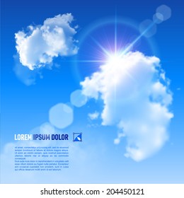 Blue Sky with fluffy clouds and brilliant Sun with a rainbow flare, vector image 