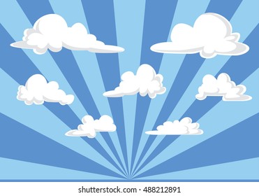 blue sky and fluffy clouds illustration , cartoon style vector