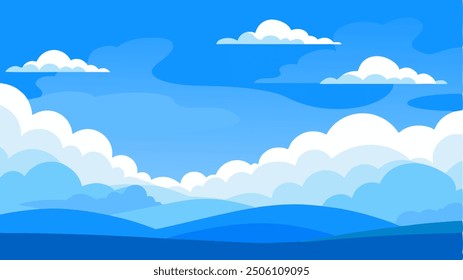 Blue sky with fluffy clouds and majestic mountains in background