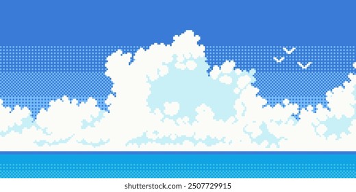 Blue sky with fluffy clouds pixel art background. Peaceful sunny weather 8 bit banner. Clear azure horizon. White smoke. Game development, mobile app template. Backdrop vector illustration. 