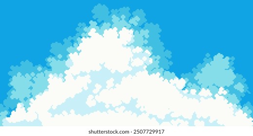 Blue sky with fluffy clouds pixel art background. Peaceful sunny weather 8 bit banner. Clear azure horizon. White smoke. Game development, mobile app template. Backdrop vector illustration. 