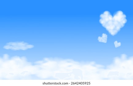 Céu azul com nuvens fofas na forma de um coração. Fundo romântico e sonhador, perfeito para cartões, convites, web design ou decoração de verão.