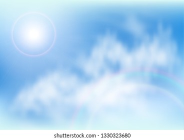 Blue sky, fluffy clouds and sun. Vector illustration for your new design.