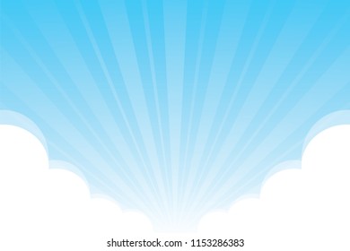 blue sky with fluffy clouds white background, sky background with clouds white cartoon concept, sky blue covered with sunlight shine beam and cloud white for banner advertising background (vector)