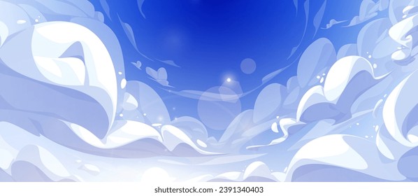 Cielo azul con nubes en forma de curva ondulada en estilo anime. Ilustración vectorial de dibujos animados de un verano soleado o de un fondo abstracto de cielo nublado matutino. Paisaje de aire panorámico en un clima despejado.