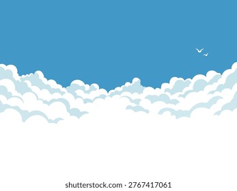 Blue sky with fluffy white clouds and two birds flying, peaceful nature background