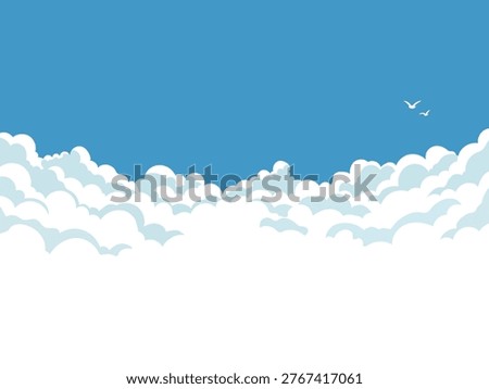Blue sky with fluffy white clouds and two birds flying, peaceful nature background