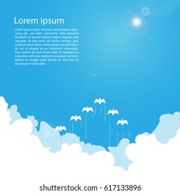 blue sky flying bird flock cloud flare copy space text vector