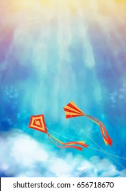 Blue sky with flying kite and white clouds. Sunrise vector abstract background. Flyer, poster or cover design