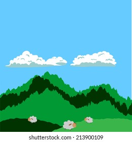 blue sky, forest and sheep on the meadow