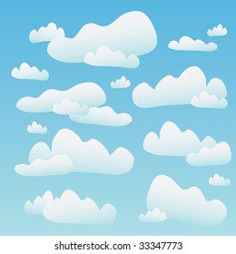 A blue sky full of fluffy cartoon clouds. This vector tiles seamlessly as a pattern horizontally.