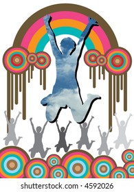 blue sky girl and retro grunge rainbow (vector) - illustration