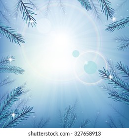 Blue sky with glow sun with tree. Vector