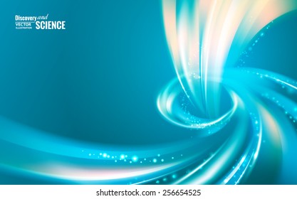 Blue sky with glowing rays and lines. Vector illustration.
