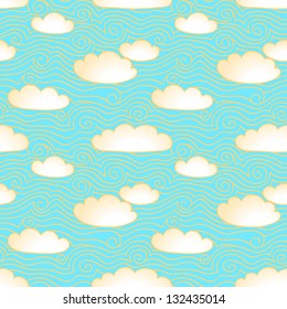 Blue sky with golden clouds. Seamless pattern. Hand drawn illustration with swirls