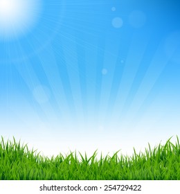 Blue Sky And Grass Background With Gradient Mesh, Vector Illustration