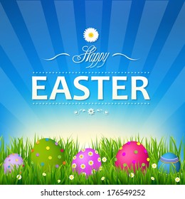 Blue Sky With Grass Easter Card, With Gradient Mesh, Vector Illustration