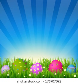 Blue Sky With Grass Easter Card, With Gradient Mesh, Vector Illustration