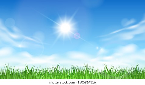 Blue Sky And Grass. Skies Garden Vector Image, Background With Sun, Clouds And Summer Green Hill Fields