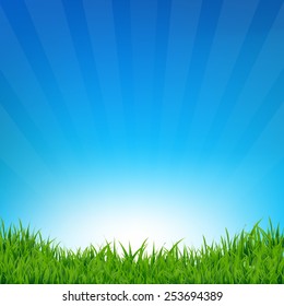 Blue Sky And Grass Sunburst Background With Gradient Mesh, Vector Illustration