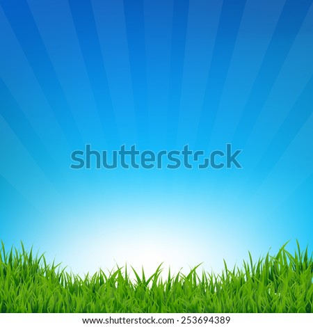 Blue Sky And Grass Sunburst Background With Gradient Mesh, Vector Illustration