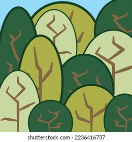 blue sky and green forest illustration