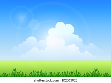 Blue sky and green grass. Vector illustration of meadow
