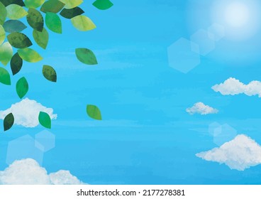 Blue sky and green leaves background watercolor