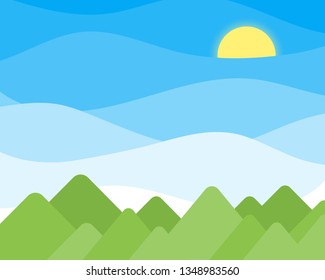 Blue sky with green mountain landscape vector background.