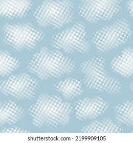 Blue sky with halftone clouds. Seamless pattern with dotted gradient clouds. Repeat background fluffy halftone cloudscape