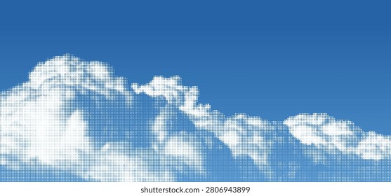 Blue Sky with Halftone Clouds. Summer Vector Half Tone Effect Background. Abstract Cloud with Pixel Pattern. Manga Book Anime Pop Art Texture