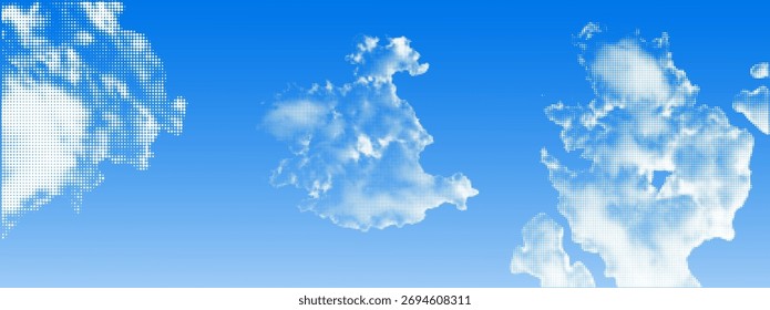 Céu azul com nuvens de ponto de meio-tom. Textura pontilhada retrô. Estilo de arte pop vintage.
