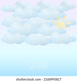 The blue sky has the cloud and sun are painted with watercolor on blue gradient background. The cloud is cartoon-style and looks cute.
