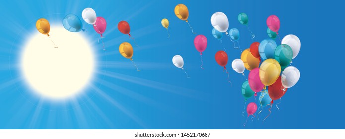 Blue sky header with sun and colored balloons. Eps 10 vector file.