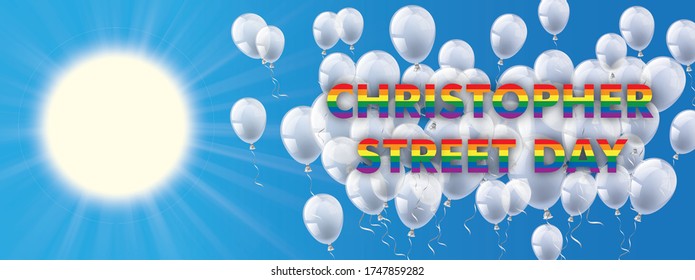 Blue sky header with sun and colored balloons and the text Christopher Street Day. Eps 10 vector file.